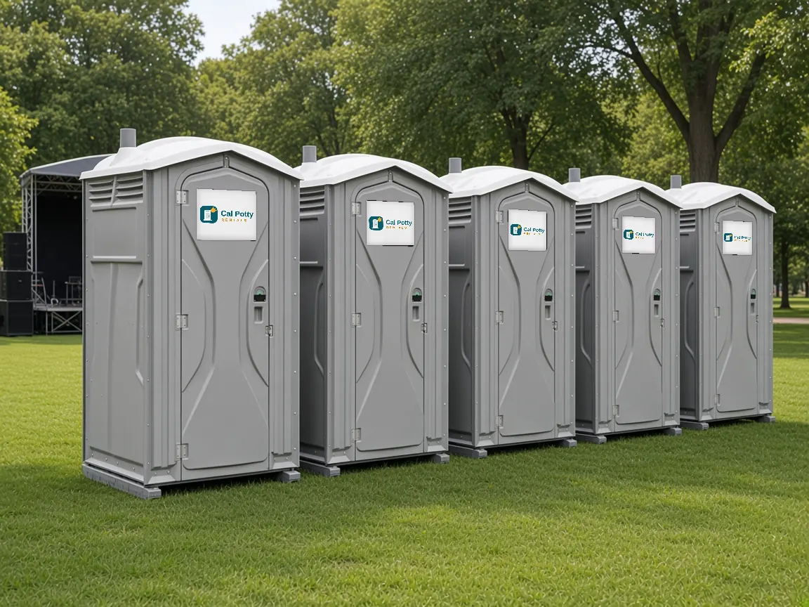 Five grey porta potties in a row on a park lawn under trees