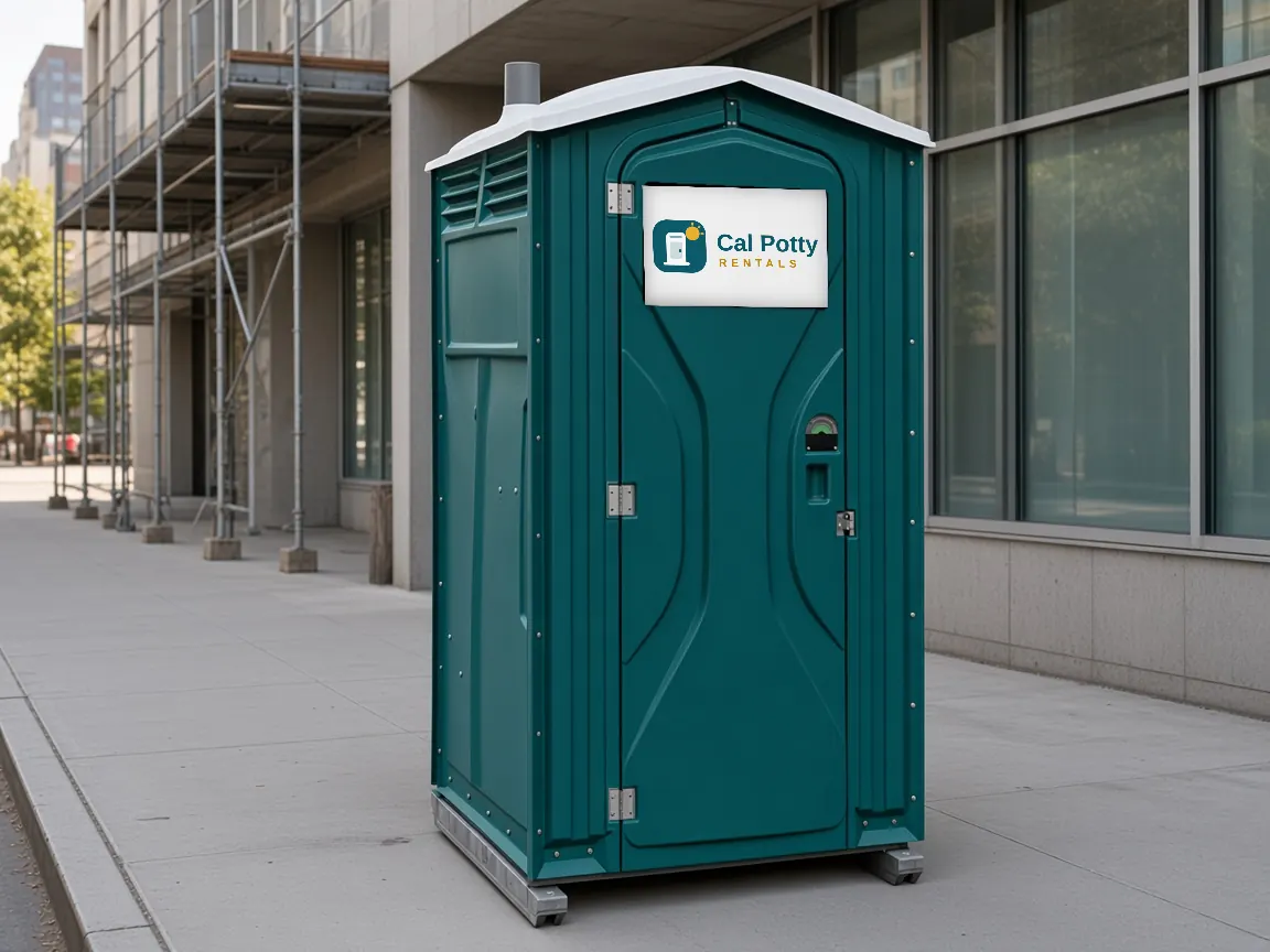 A teal porta potty on a sidewalk beside a multi-story building with scaffolding, an example setup for porta potty rental in San Mateo