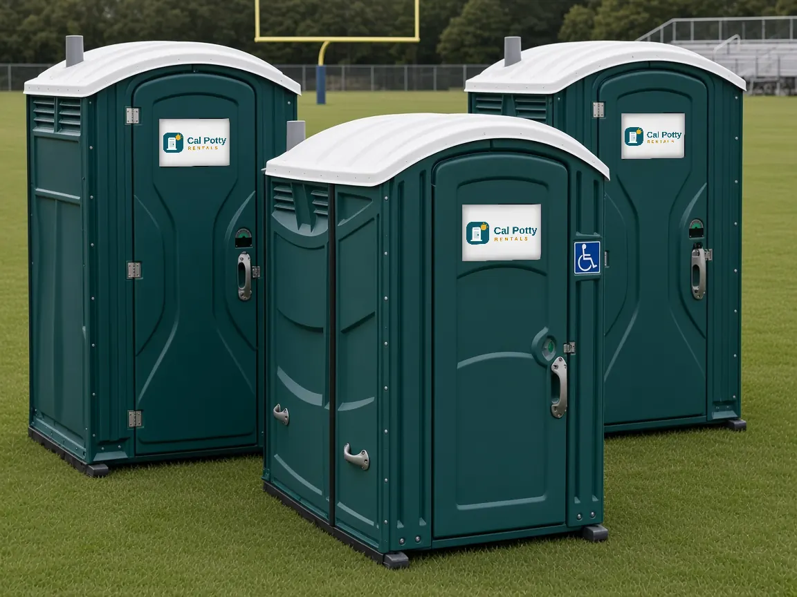 A teal ADA-accessible portable restroom with a wheelchair sign next to two standard teal units on a sports field lawn
